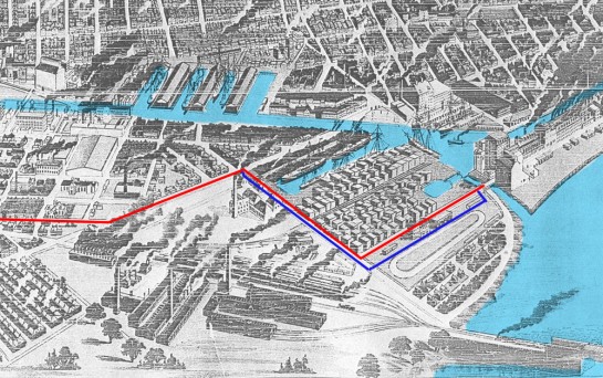 Late 1880s representation of Montreal superimposed with the paths of the Point St. Charles Collector.